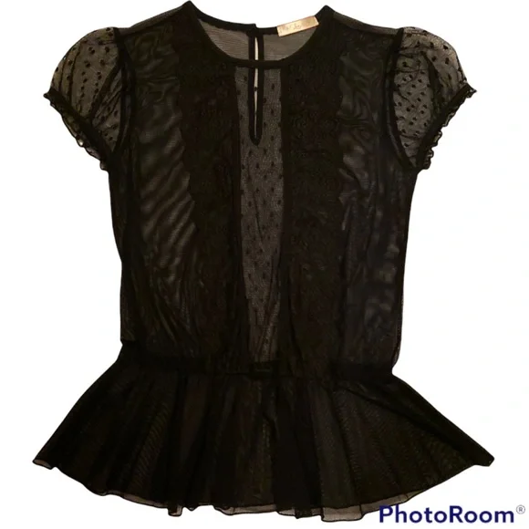 RARE SEXY VINTAGE SHEER BLACK TOP W LACE, CAP SLEEVES CINCHED WAIST BLOUSE - Picture 11 of 11